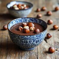 Delicious Chocolate Hazelnut Dessert in a Blue and White Bowl. A tempting close-up shot of creamy chocolate pudding topped with hazelnuts. photo