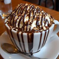 Indulgent Chocolate Dessert in a Striped Mug A Close-Up Image of Creamy Whipped Cream, Chocolate Sauce, and Toasted Almonds. photo