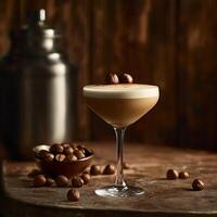 Gourmet Hazelnut Cream Cocktail in a Martini Glass. A luxurious drink garnished with hazelnuts, perfect for an upscale menu or cocktail recipe book. photo