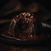 Indulgent Chocolate Lava Cake with Hazelnuts A Close-Up Food Photography Image. photo