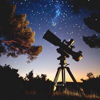 Astronomical Telescope Silhouetted Against a Starry Night Sky. A majestic image perfect for astronomy, space exploration, and night sky themes. photo