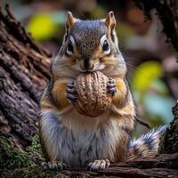 Adorable Chipmunk Enjoying a Walnut in its Natural Habitat. photo