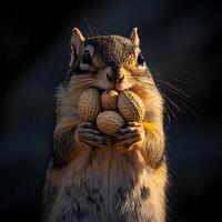 A Chipmunk's Golden Hour Bounty Close-up of a chipmunk clutching peanuts in the warm sunlight. photo