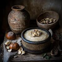 Rustic Still Life Hazelnut Cream in a Wooden Bowl. photo