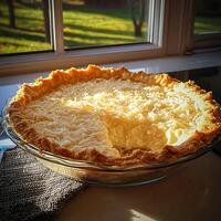 Delicious Coconut Cream Pie with a Flaky Crust, Ready to Serve. photo