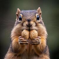 Adorable Chipmunk Holding Two Walnuts. A close-up image of a chipmunk with expressive eyes, holding two walnuts in its paws. photo