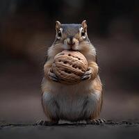 Adorable Chipmunk Holding a Large Walnut. A captivating close-up image of a small rodent enjoying its harvest. photo