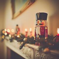 Festive Nutcracker Ornament on Mantelpiece with Christmas Decorations. A charming holiday scene featuring a traditional nutcracker and twinkling lights. photo
