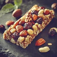 Delicious Nut and Dried Fruit Energy Bar Close-Up. A tempting image showcasing a granola bar packed with almonds, macadamia nuts, and cranberries. photo