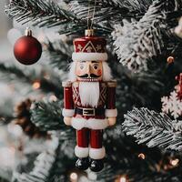 Festive Nutcracker Ornament Hanging on a Christmas Tree. A charming close-up showcasing a traditional wooden nutcracker decoration adorning a snowy Christmas tree. photo