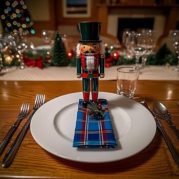 Christmas Table Setting with Nutcracker Place Card. A festive holiday dinner place setting featuring a charming nutcracker figurine. photo