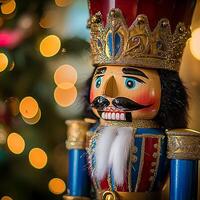 Close-up of a King Nutcracker Ornament against a Festive Bokeh Background. A detailed image perfect for holiday-themed designs and projects. photo