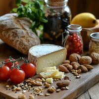 Delicious Cheese and Nut Platter with Bread and Tomatoes. A rustic still life showcasing gourmet food items. photo