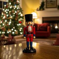 Festive Nutcracker Figurine on Wooden Table with Christmas Tree in Background. photo