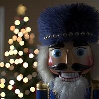 Festive Nutcracker Figurine with Christmas Lights Bokeh. A detailed close-up of a traditional nutcracker doll against a background of blurred Christmas tree lights. photo