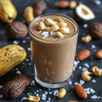 Delicious Nut and Banana Smoothie in Glass. A refreshing and healthy beverage perfect for a nutritious breakfast or snack. photo