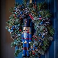 Festive Christmas Wreath with Nutcracker Decoration. A charming holiday image featuring a traditional nutcracker doll adorned within a lush, evergreen wreath. photo
