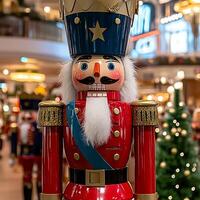 Festive Nutcracker Soldier in a Brightly Lit Shopping Mall. A detailed close-up of a traditional Christmas nutcracker toy. photo