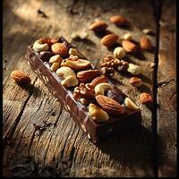 Gourmet Dark Chocolate Bar with Assorted Nuts on Rustic Wood. A delectable image perfect for food blogs, packaging, or culinary publications. photo