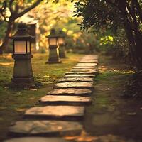 Serene Stone Path Illuminates a Tranquil Garden at Dusk. photo