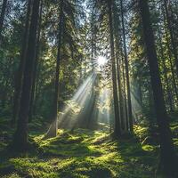 Sunbeams Illuminating a Lush, Mossy Forest Floor. A breathtaking image capturing the serenity and beauty of a sun-drenched woodland. photo