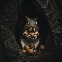 A Squirrel's Autumn Bounty Close-up of a Squirrel in its Tree Hollow with Acorns. photo
