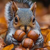 Close-up of a Grey Squirrel Holding Hazelnuts Amidst Autumn Leaves. photo