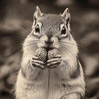 A Close-Up Portrait of an Adorable Chipmunk Holding Peanuts. Its expressive eyes and fluffy fur are captivating. photo