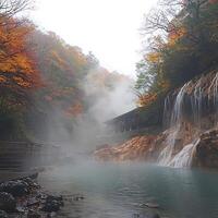 Serene Autumn Waterfall and Misty Hot Spring in Japan. A picturesque scene of a cascading waterfall flowing into a tranquil hot spring pool, surrounded by vibrant autumn foliage and mist. photo