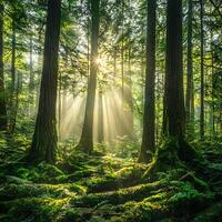 Sunbeams Illuminate a Lush, Mossy Forest Floor. The golden light streams through the tall trees, creating a magical atmosphere. photo