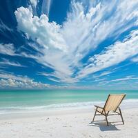 Serene Beach Scene Empty Beach Chair Under a Dramatic Sky. photo
