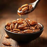 Sweet Pecan Nuts Drizzled with Honey in a Dark Bowl. A Close-Up Food Photography Image. photo