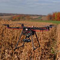 Agricultural Drone Surveying a Cornfield in Autumn. High-resolution image of advanced drone technology used in precision agriculture. photo