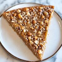 Delicious Caramel Nut Tart Slice on a Plate. A close-up image showcasing a decadent dessert. photo