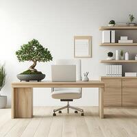 Serene Minimalist Home Office Workspace with Bonsai Tree. A tranquil and productive work environment, perfect for relaxation and focus. photo