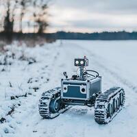 Robotic Crawler in a Snowy Winter Landscape. A tracked machine traverses a snow-covered path, showcasing its robust design for challenging terrain. photo
