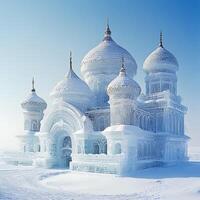 An Ice Replica of a Church in a Winter Wonderland. A stunning architectural marvel crafted entirely from ice, gleaming under a clear winter sky. photo