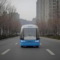 Autonomous Electric Shuttle Driving on a City Street. A futuristic, self-driving vehicle navigating an urban environment. photo