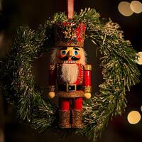 Festive Nutcracker Ornament Adorned with a Christmas Wreath. photo