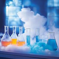 Laboratory Experiment Colorful Liquids in Glass Flasks and Tubes with Dry Ice Smoke. photo