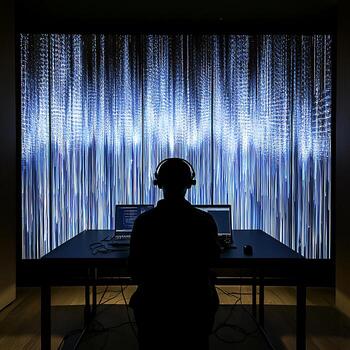 Silhouetted Person Working at Desk with Illuminated Data Stream Background. photo