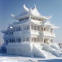 Intricate Ice Palace A Stunning Architectural Marvel Crafted from Snow and Ice. photo