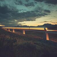 Futuristic High-Speed Train at Sunset Crossing Elevated Tracks Through Desert Landscape. A dramatic image depicting modern transportation technology against a stunning natural backdrop. photo