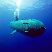 Submerged A Teal Submarine in Deep Ocean Waters. This underwater image captures the serene beauty of a submarine navigating the deep blue. photo