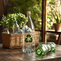 Recycled Plastic Bottles on Wooden Table with Greenery Background. A clear image depicting the importance of recycling and environmental responsibility. photo