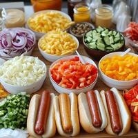 Gourmet Hot Dog Bar A Delicious Spread of Toppings and Ingredients. photo