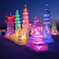 Illuminated Ice Sculptures of Asian Pagodas at Night. A breathtaking display of artistry and winter illumination. photo