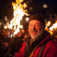 Happy Senior Man with Torch at Nighttime Festival. A joyful elderly man smiles warmly while holding a burning torch during an outdoor evening celebration. photo