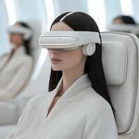 Woman Relaxing in Futuristic Headband Device, Innovative Technology and Wellness. photo