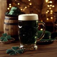 Festive Green Beer in a Glass Mug with Shamrocks and a Wooden Barrel. photo